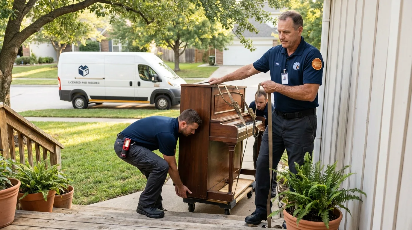 Licensed piano movers securing grand piano in Riverdale, IL