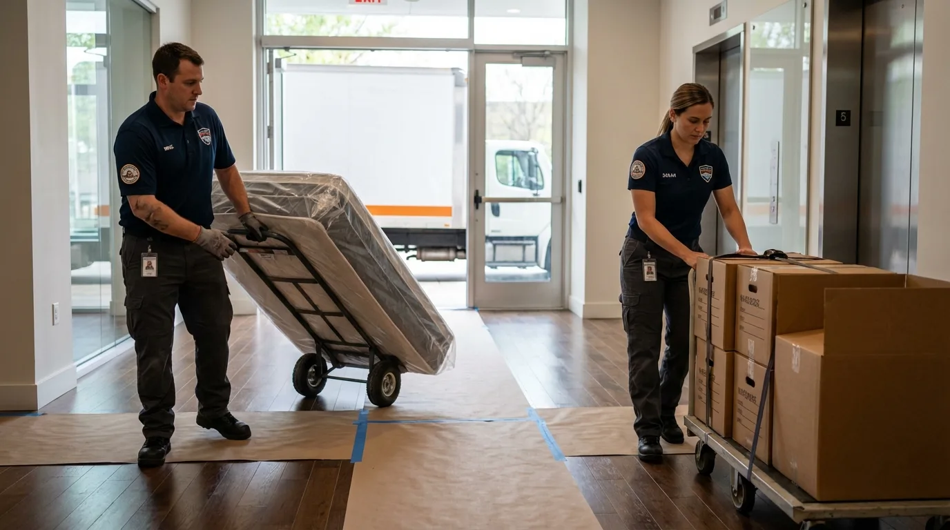 Professional apartment movers loading elevator in Riverdale, IL
