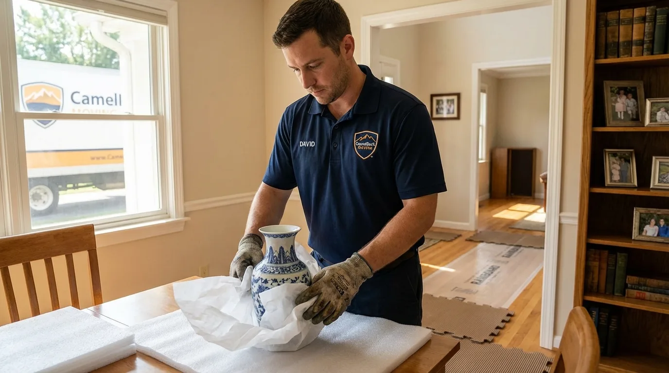 Professional crew carefully wrapping antique vase for senior downsizing move in Riverdale, IL